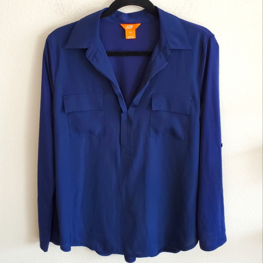 Blue Mixed Media Pocket Front Popover Blouse Blue
